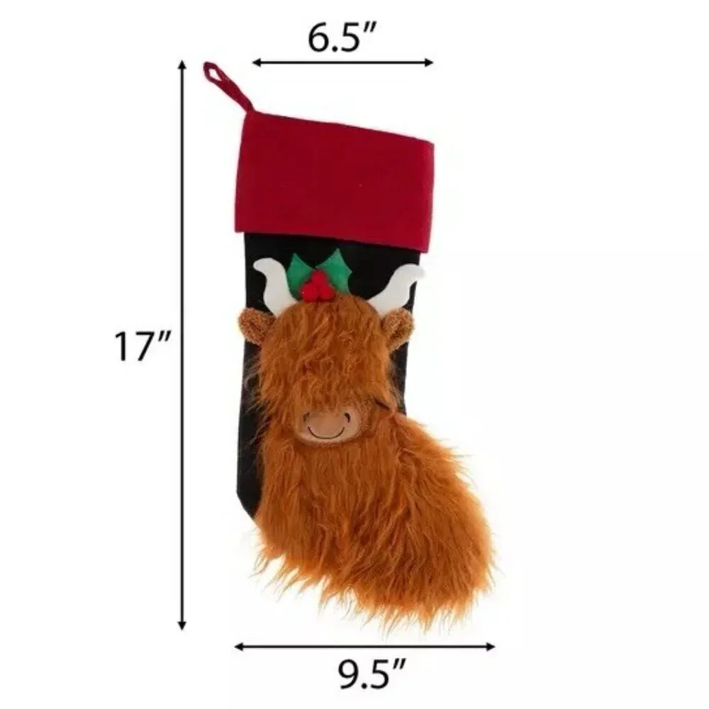 Highland Cow Merry Christmas 4pc Bundle (Stocking, Flag, 2 Tree Ornaments) New